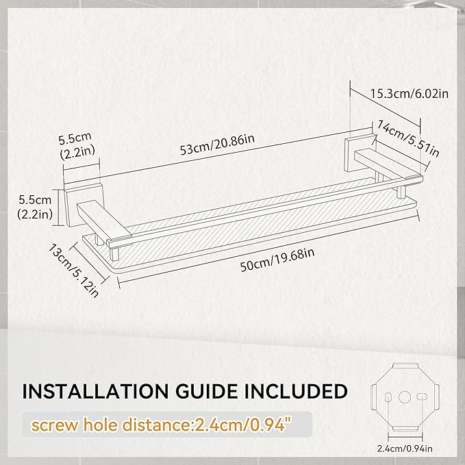 Bathroom Shelves Glass Shelf 20-Inch Brushed Nickel Floating Tempered Glass Shelf Rectangular Modern Stainless Steel Wall Mount Shelves for Shower Bathroom Kitchen Organizers Accessories,A7613BN