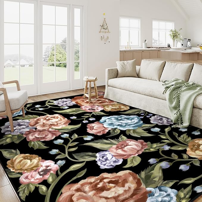Black Area Rug 8x10 Floral Living Room Indoor Non Slip Bedroom Large Boho Carpet Washable Low Pile Soft Accent Rug for Office Dining Room Farmhouse