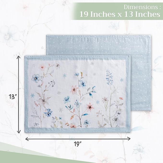 Maison d' Hermine Placemats Set of 4 100% Cotton Washable Cloth Place Mats, Reusable Table Mats for Kitchen Dining Decoration, Party, Wedding, Restaurant (Ice Florals, 13" x 19")
