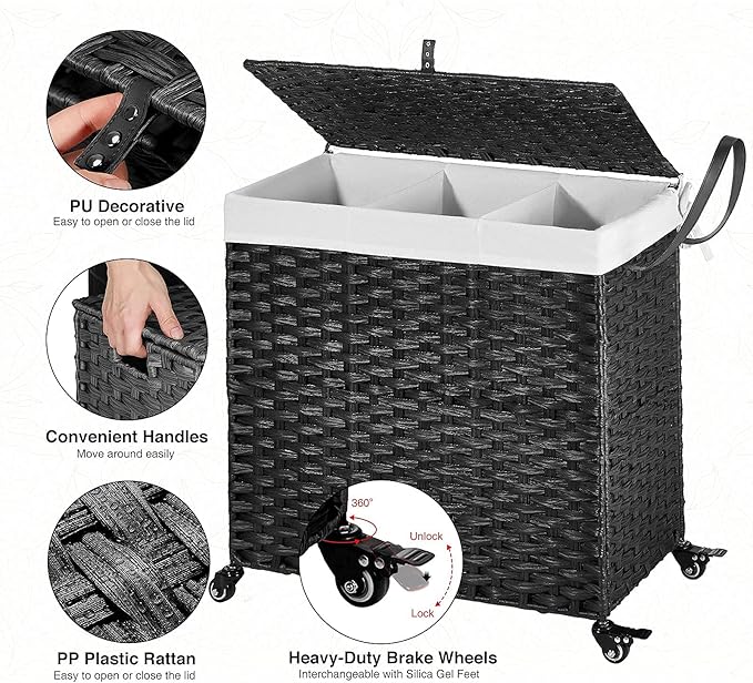 Greenstell Laundry Hamper with Wheels&Lid, 130L Large 3 Sections Clothes Hamper with 2 Types Removable Liner Bags, 5 Mesh Laundry Bags, Handwoven Divided Laundry Basket Black