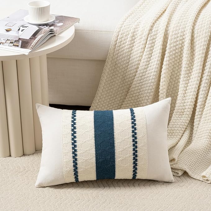 Fancy Homi Set of 2 Boho Teal Long Lumbar Decorative Throw Pillow Cover 14x24 Inch for Couch Bed Sofa Chair, Modern Organic Farmhouse Home Decor, Soft Cotton Cute Accent Rectangle Cushion Case
