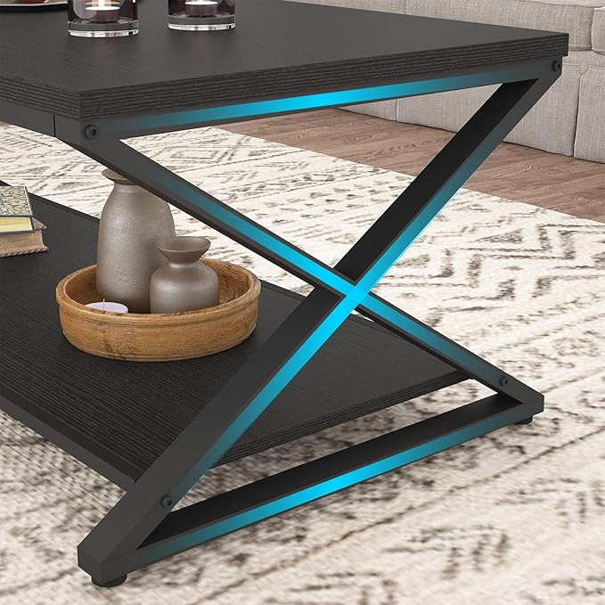 HSH Black Coffee Table with Storage Shelf, Modern Metal Wood Living Room Table, Simple 2 Tier Rectangle Center Table, 39 Inch Office Bedroom Display Cocktail Tea
