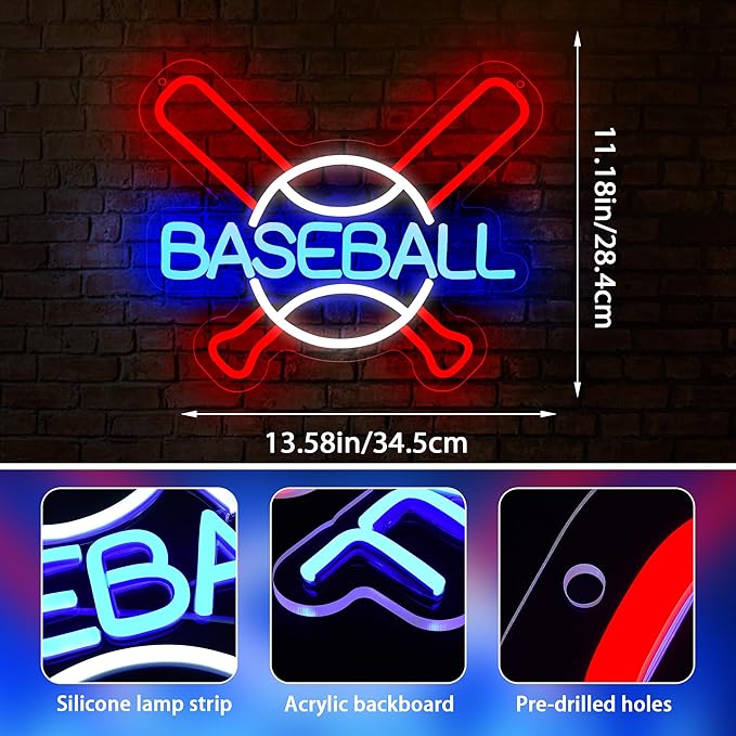 Baseball Neon Sign for Wall Decor Baseball Sport Team LED Neon Light for Man Cave Dormitory Bar Club Birthday Gifts for Sport Fans USB Powered(ZKXD311)