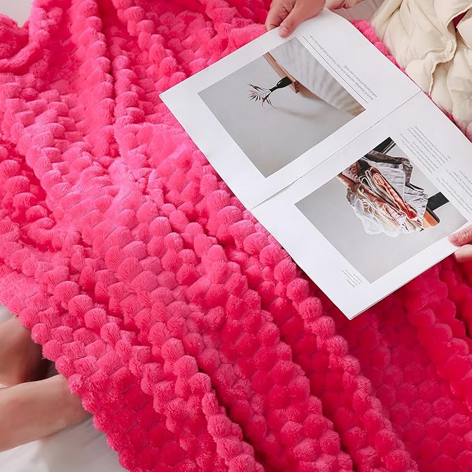 Puncuntex Hot Pink Throw Blanket 90"×90" inches Fuzzy 3D Jacquard Decorative Flannel Fleece Super Soft Plush Cozy Blanket for Couch Sofa Chair Lightweight