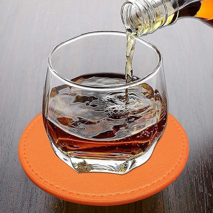 Coasters Set of 6 Soft Leather Drink Coaster Round Coaster with Sewing Around, Suitable for Various Cups, Wooden Tables,Home Decoration,4 Inches (Orange,Sewing Type)