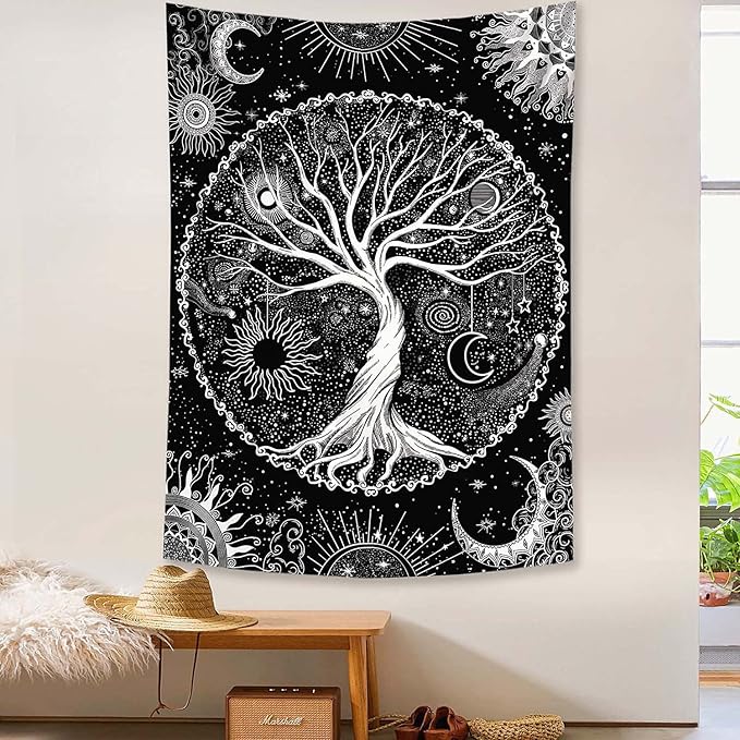 Lunerfex Tree of Life Tapestry Black and White Tapestry Mystical Sun and Moon Tapestries for Bedroom and Living Room Decor Black Tree 44×60 Inches