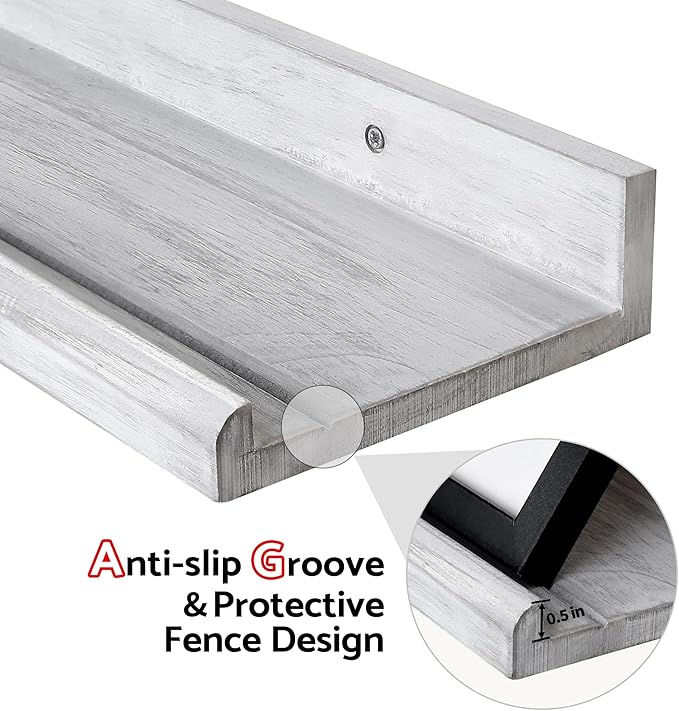 Annecy Floating Shelves Wall Mounted Set of 3, 36 Inch Grey Solid Wood Shelves for Wall, Wall Storage Shelves with Guardrail Design for Bedroom, Bathroom, Kitchen, Office, 3 Different Sizes
