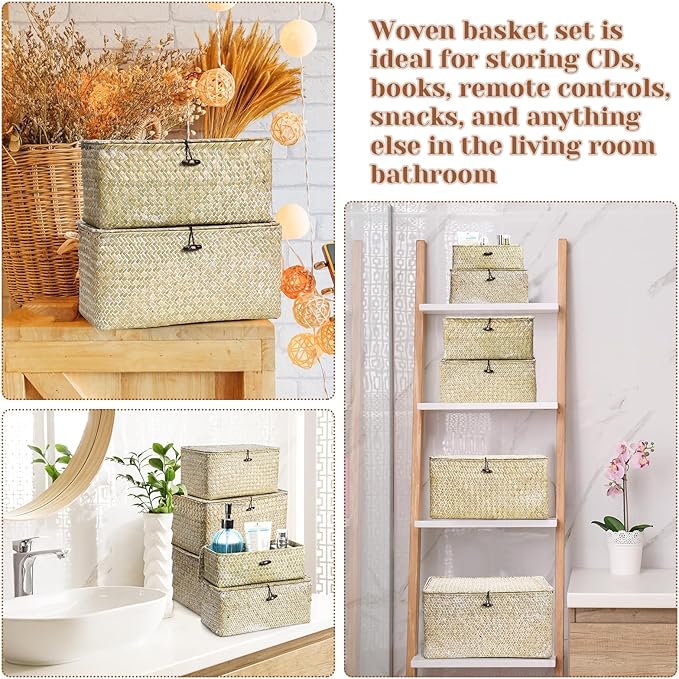 Kigley 6 Pcs Seagrass Basket with Lid Wicker Storage Decorative Boxes with Lids Bin Woven Organizer for Shelf Closet Bedroom, 6 Sizes(Classic Style,White)
