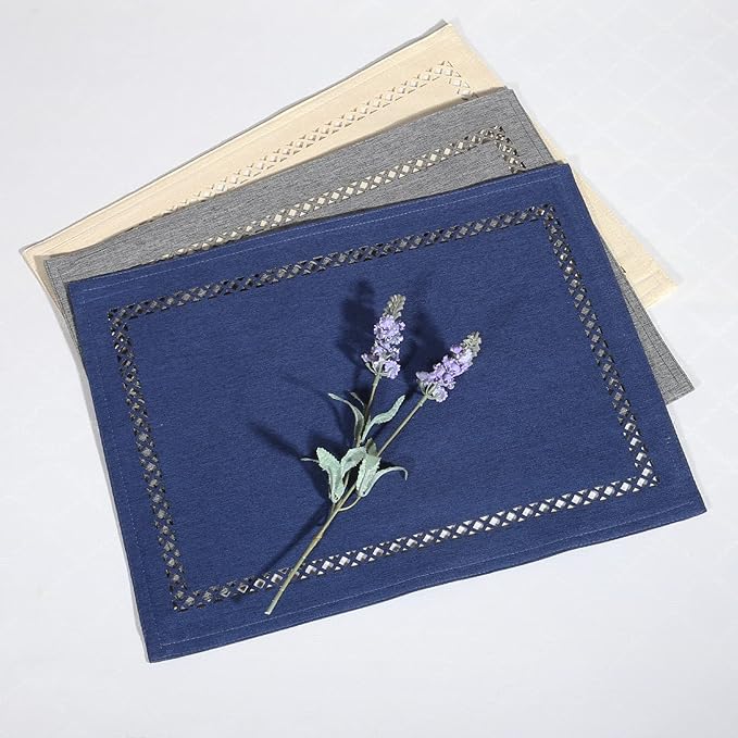 Placemats Set of 4 for Dining Table with Hollow Edge Design- Table Mats 12x 18 Inch, Cloth Place mats Machine Washable (Blue 4pcs)