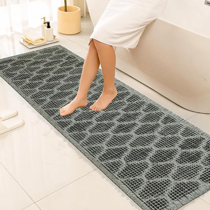 Upgraded Green Waffle Bathroom Runner Rugs, Super Absorbent Non Slip Bath Mats for Bathroom Floor, Extra Long Soft Bath Rugs with Tassels for Hallway Laundry Room, Machine Washable, 24" x 72"