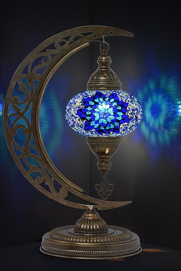 mozaist Turkish Lamp, Unique Lamps, Moon Shaped Mosaic Table Lamp, Moroccan Handmade Antique Bohemian Vintage Lamp Shade, Tiffany Desk Bedside Stained Glass Lamp with US Plug and E12 Socket