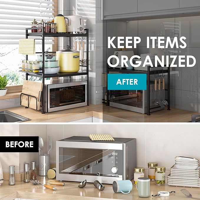 DOLALIKE Microwave Oven Rack, Expandable Microwave Stand Countertop Kitchen Utensils Tableware Storage, Carbon Steel Over Microwave Shelf Countertop with 6 Hooks