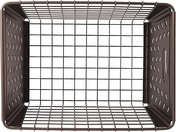 Tovolo Macklin, Stamped Steel & Wire Basket for Closet & Cubby Storage Vintage-Inspired Design with Customizable Label Plate, Medium, Bronze