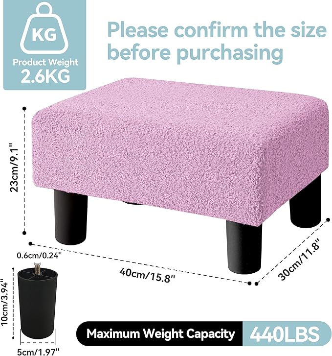 BRIAN & DANY Small Foot Stool Ottoman, Footstool with Legs, Teddy Velvet Foot Rest for Living Room, Bedroom and Office, Purple