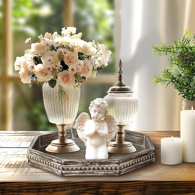 Wooden Decorative Tray, Small Serving Tray with Wood Bead, Farmhouse Big Tray for Ottoman, Countertop, Coffee Tabl, 13" x 13"x 1.6" (Retro Brown)