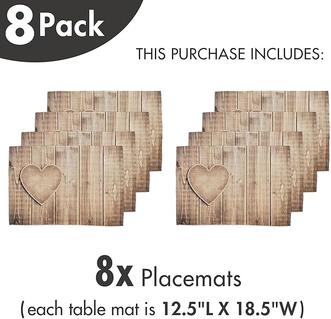 Ambesonne Valentines Day Place Mats Set of 8, Rustic Heart Over Wooden Planks Background Lovers Corner Romantic Celebration Print, Washable Fabric Placemats for Dining Table, Placemat 8 pcs, Tan