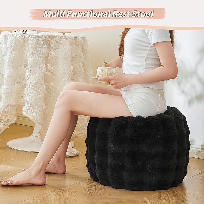 LIFEREVO Luxury Faux Rabbit Fur Round Inflatable Pouf Ottoman, 20 X 16 Fluffy Waffle Bubble Floor Poufs Foot Stool Rest Living Room Bedroom, Furry Pouf Ottoman Chair Seat Home Decor, Anti-Slip, Black