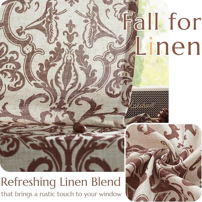 jinchan Linen Curtains for Bedroom Brown Damask Patterned 90 Inches Long for Living Room Light Filtering Vintage Curtains Baroque Style Drapes Grommet Window Treatments 2 Panels Set