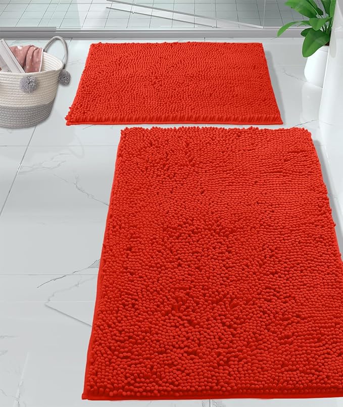 LuxUrux Coral Bathroom Rugs 2 Piece Set-Extra-Soft Plush Bath mat Bathroom Rugs,1/'' Chenille Microfiber Material, Super Absorbent (30" x 20" Plus 23" x 15", Coral)