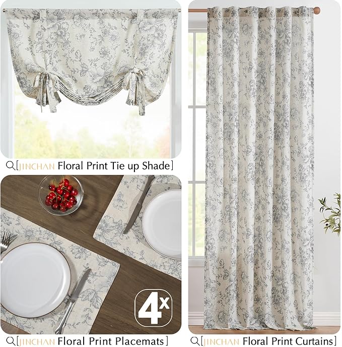 JINCHAN Linen Floral Placemats Set of 4 Farmhouse Cloth Table Mats Holiday Seasonal Rustic for Kitchen Dining Home Decor Washable Tablemats Double Layer Placemats 13x19 Inch Grey