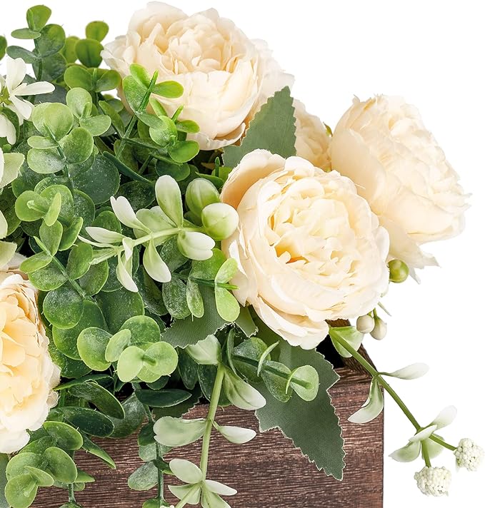 Dahey Centerpiece Table Decorations for Dining Room Farmhouse Living Room Table Centerpieces Decor Wood Tray with 3 Artificial Flowers and 2 Eucalyptus for Kitchen Table, 14.1" x 4.7" x 3.1"