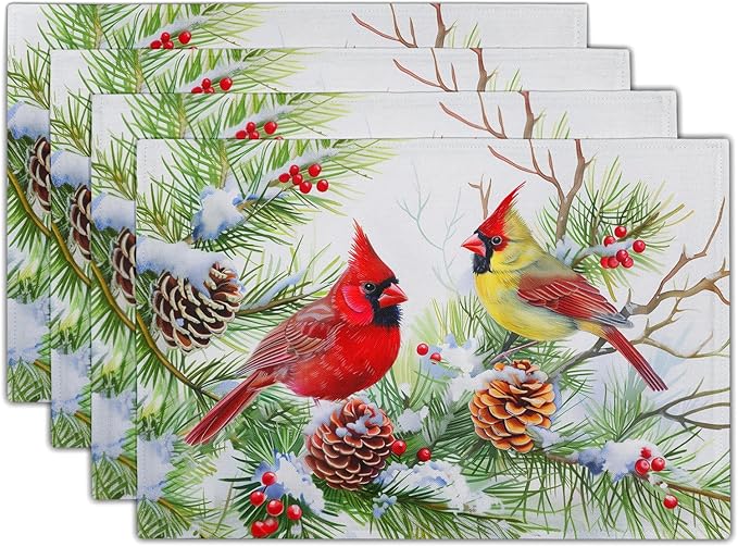 Giwawa Winter Birds Placemats Set of 4, Christmas Tree Holly Berry Pine Cones Place Mat for Kitchen Dining, Xmas Snow Scene Non-Slip Washable Table Mats 12"x18" for Tabletop Holiday Party Decor