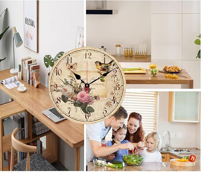 Catuy 12 Inch Wood Wall Clock Silent Non-Ticking Wall Clocks for Office,Bathroom,Living Room,Dining Room,Kitchen Decoration, Flowers/Birds Style Round Hanging Clock