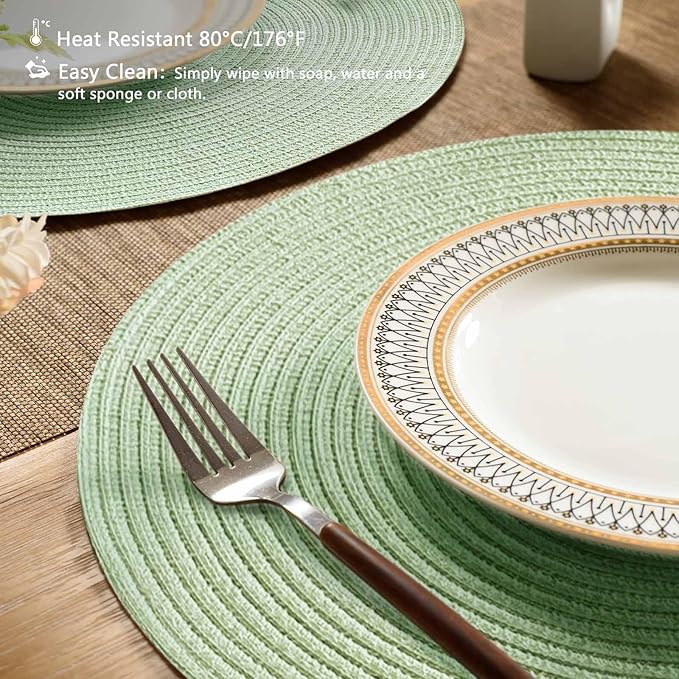 FunWheat Round Braided Placemats Set of 6 Place mats for Dining Tables Woven Heat Resistant Table Mats 15 inch (Mint Green)
