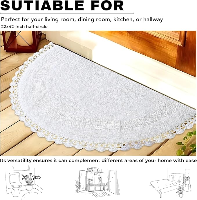 Half Circle Bohemian Bathroom Rug with Handwoven Chrochet Border, Beautifully Handcrafted 100% Cotton Mat - 22x42 inch, Round Boho Bedroom Rug, Boho Bathroom Décor, Machine Washable - White