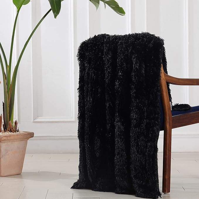 Tuddrom Decorative Extra Soft Faux Fur Throw Blanket 50" x 60",Reversible Fuzzy Long Hair Shaggy Throw Blankets, Fluffy Cozy Plush Fleece Comfy Microfiber Fur Blanket for Couch Sofa Bed, Black