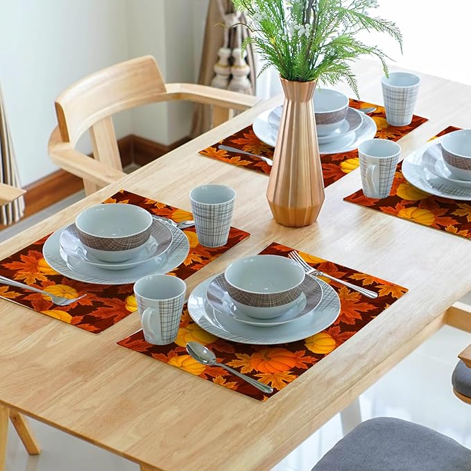 Fall Placemats Set of 4 Autumn Pumpkin Leaves Linen Place Mat Washable Non-Slip Heat Resistant 12×18 Inch Thick Place Mats Decorative Fabric Table Mat for Dining Table