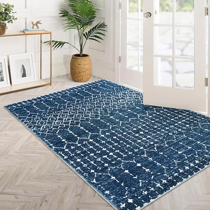 Lahome Moroccan Blue 3x5 Non-Slip Washable Soft Rug for Bedroom Floor Throw, Geometric Print Distressed Indoor Modern Rug for Entryway, Dining Room, Bathroom