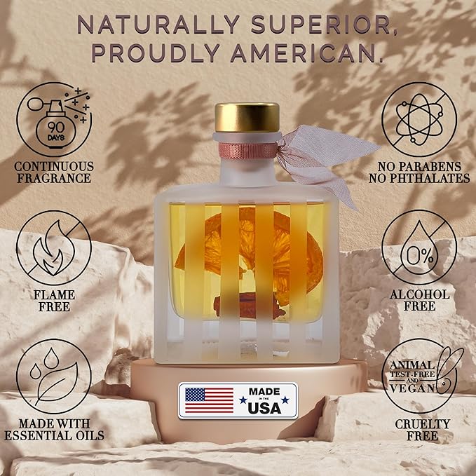 LOVSPA Spiced Cinnamon & Orange Reed Diffuser Set - Scented Stick Room Freshener with Orange, Cinnamon, Spices & Cedarwood - Autumn & Winter Scent in a Modern Striped Glass Bottle - Made in The USA