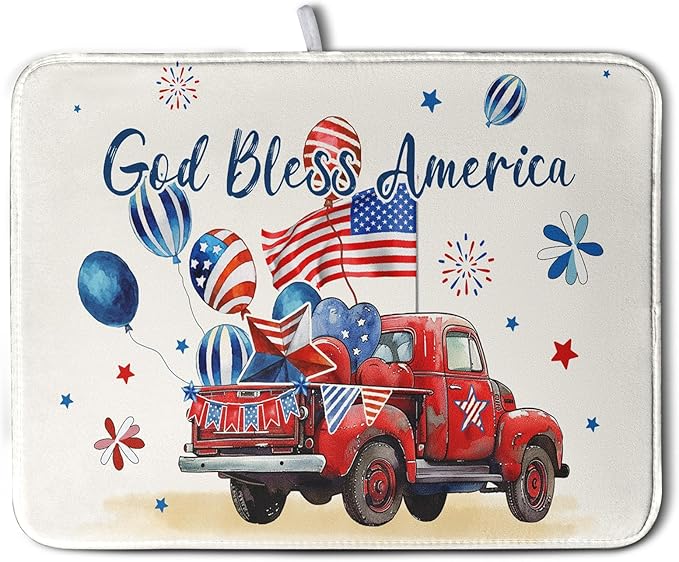 4th of July Drying Mat for Kitchen Counter 16 x 18 US Independence Day Patriotic Truck Dish Drying Mat Polyester American Flag Dish Drainer Mat Super Absorbent Dish Rack Pad for Coffee Bar Sinks