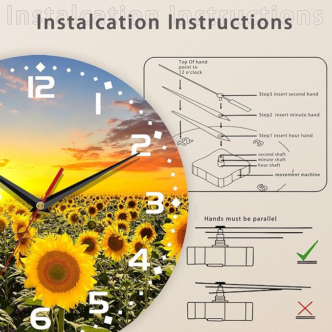 Clock for Living Room, Sunflowers Fields Under The Sunshine Wall Clock, Contemporary Home Decor Easy to Read Wall Clock for Living Room, Bedroom, Bathroom and Kitchen, 10 Inch