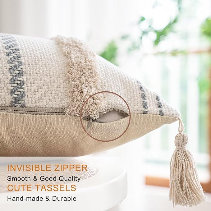Boho Throw Pillow Covers 12x20 Set of 2 Woven Tufted Farmhouse Pillows Cover with Tassels Textured Striped Cushion Case Lumbar Pillow Cases Decorative Pillowcase for Sofa, Couch, Bed, Khaki
