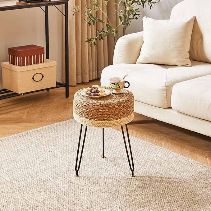 YMYNY Pouf Ottoman, Handmade Natural Water Hyacinth, Pastoral Style Footrest, Footstool with 4 Metal Legs Round Vanity Stool for Bedroom, Hallway, Living Room 12.59"L×12.59"W×17.71"H White UHBD029W
