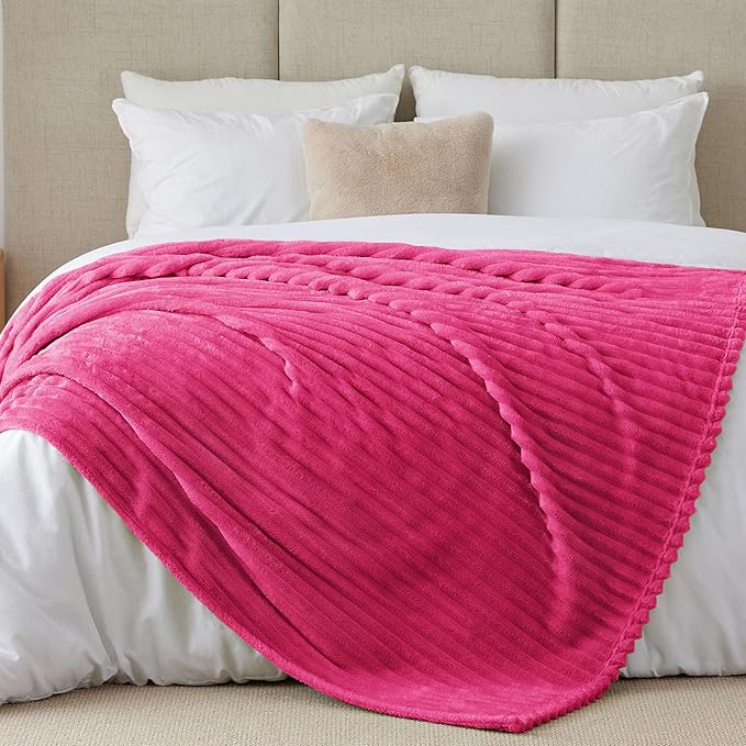 BEDELITE Blankets Queen Size for Bed, 300GSM Soft & Warm Fleece Blanket, Decorative and Giftable Striped Hot Pink Blankets for Women, Men, 90"x90"