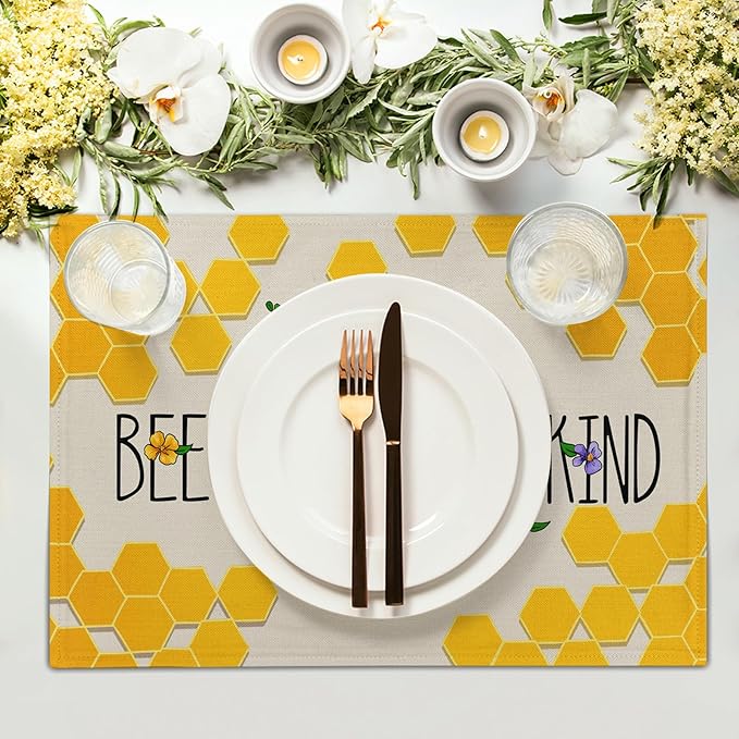 Giwawa Bee Kind Placemats Set of 4-12"x18" Summer Bees Floral Linen Place Mat- Yellow Honeycomb Washable Heat Resistant Table Mats for Kitchen Dining Party Tabletop Picnic Decoration