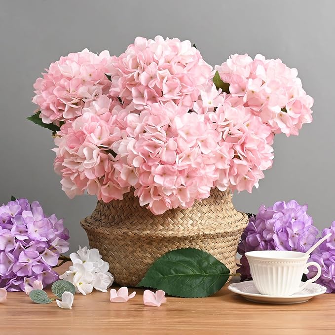 BLEUM CADE 8 Pcs Pink Hydrangea Artificial Flowers with Realistic Stems, 18In Large Fake Pink Flowers, Faux Flower for Home Party Decor Outdoor Wedding Bouquets Table Centerpieces Decoration