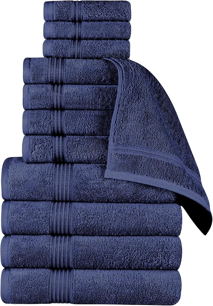 Superior Egyptian Cotton 12-Piece Towel Set, Assorted Towels for Home Bathroom, Master, Guest Bath, Decor Essentials, 4 Bath, 4 Hand, 4 Face Towels/Washcloths, Quick Dry, Absorbent, Navy Blue