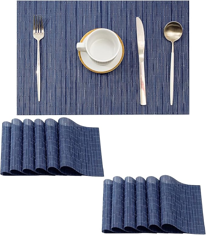 Leetaltree Blue Placemats Set of 12 - Heat Resistant Non-Slip Place mats for Dining Table, Washable Durable PVC Vinyl Woven Table Mats(Blue, 12)