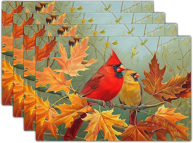 Giwawa Fall Birds Placemats Set of 4, 12"x18" Autumn Trees Maple Leaves Chestnuts Table Mats, Thanksgiving Harvest Heat Resistant Washable Linen Place Mat for Kitchen Dining Holiday Party Decor