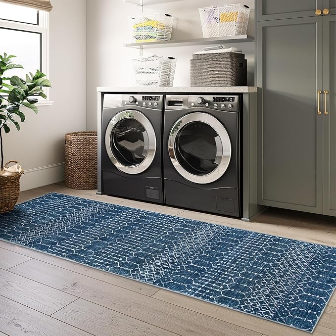 Lahome Moroccan Washable Runner Rug 2x10, Non Slip Hallway Runner Rug 10 Ft Ultra-Thin Kitchen Runners Non Skid, Soft Modern Geometric Print Carpet Runners for Entryway Stair (Blue, 2'x10')