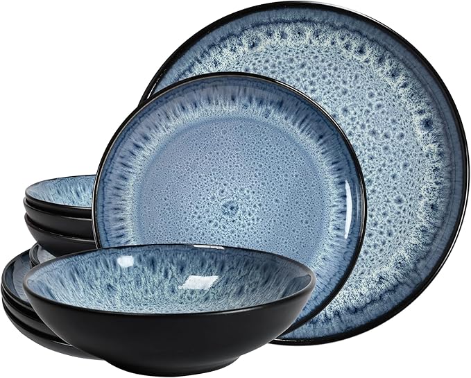Tudor 6-Piece Dinnerware Set,Service for 2,Blue, Reactive Glaze Dish Set, Plates and Bowls Set,Premium Quality Tableware, Unique Pattern, Glossy