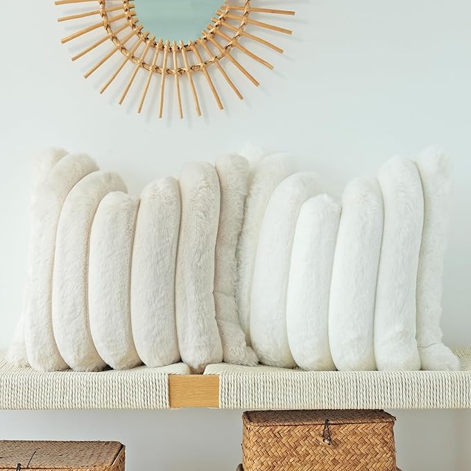 JOJUSIS Pack of 2 Faux Fur Plush Decorative Throw Pillow Covers Couch Cushion Case Soft Fluffy Pillowcases Wide Stripe (White, 22 x 22 Inch)