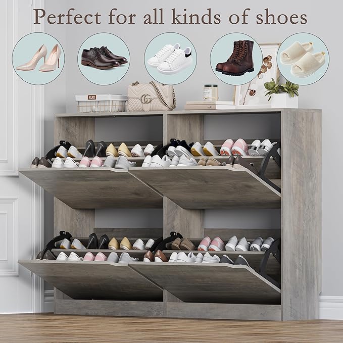 Shoe Cabinet with 4 Flip Drawers, Narrow Hidden Shoe Storage Cabinet, Slim Freestanding Shoe Rack Organizer for Entryway, Hallway, Bedroom, Living Room