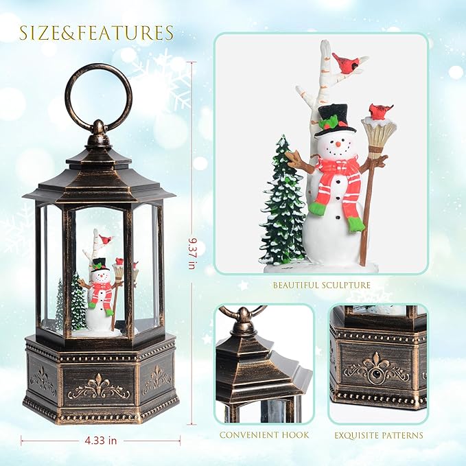 Christmas Snow Globes, 9.37" Snowman Glitter Water Lantern with 8 Songs, 6H Timer Battery & USB Powered Music Box for Christmas Decorations Indoor