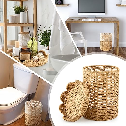Ctosree 1.3 Gallons Small Wicker Trash Can with Lid Handle Woven Wicker Rattan Bathroom Waste Basket Boho Trash Basket with 100 Plastic Garbage Bags for Bedroom Office Laundry (Scalloped Style)