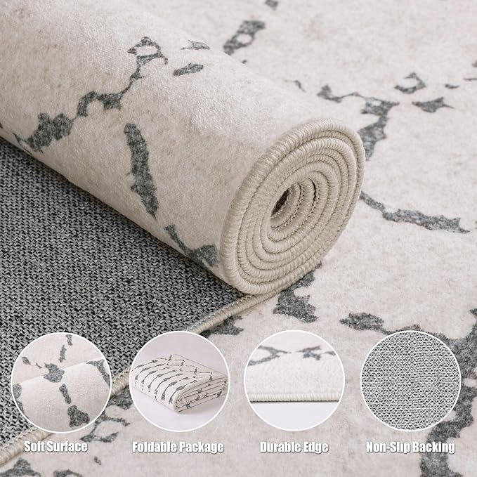 Deerly Large Area Rug 8x10 Living Room, Machine Washable 8 x 10 Rug Boho Moroccan Farmhouse Style, Ultra Soft Neutral Indoor Carpet for Bedroom Dining Room Playroom Office, Off White/Grey